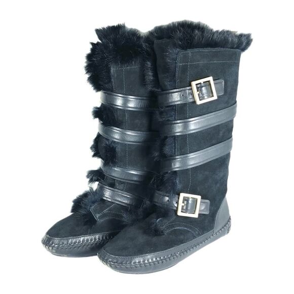 Tory Burch Women's Jaden US8 Black Rabbit Fur Lined Leather Suede Winter Boots - Picture 1 of 16